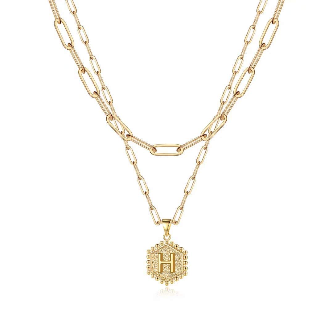 M MOOHAM Dainty Gold Necklace for Women - 14K Solid Gold Over Layering Necklaces for Women Cute Hexagon Letter Initial Necklaces for Women Gold Layered Necklaces for Women Jewelry Gifts