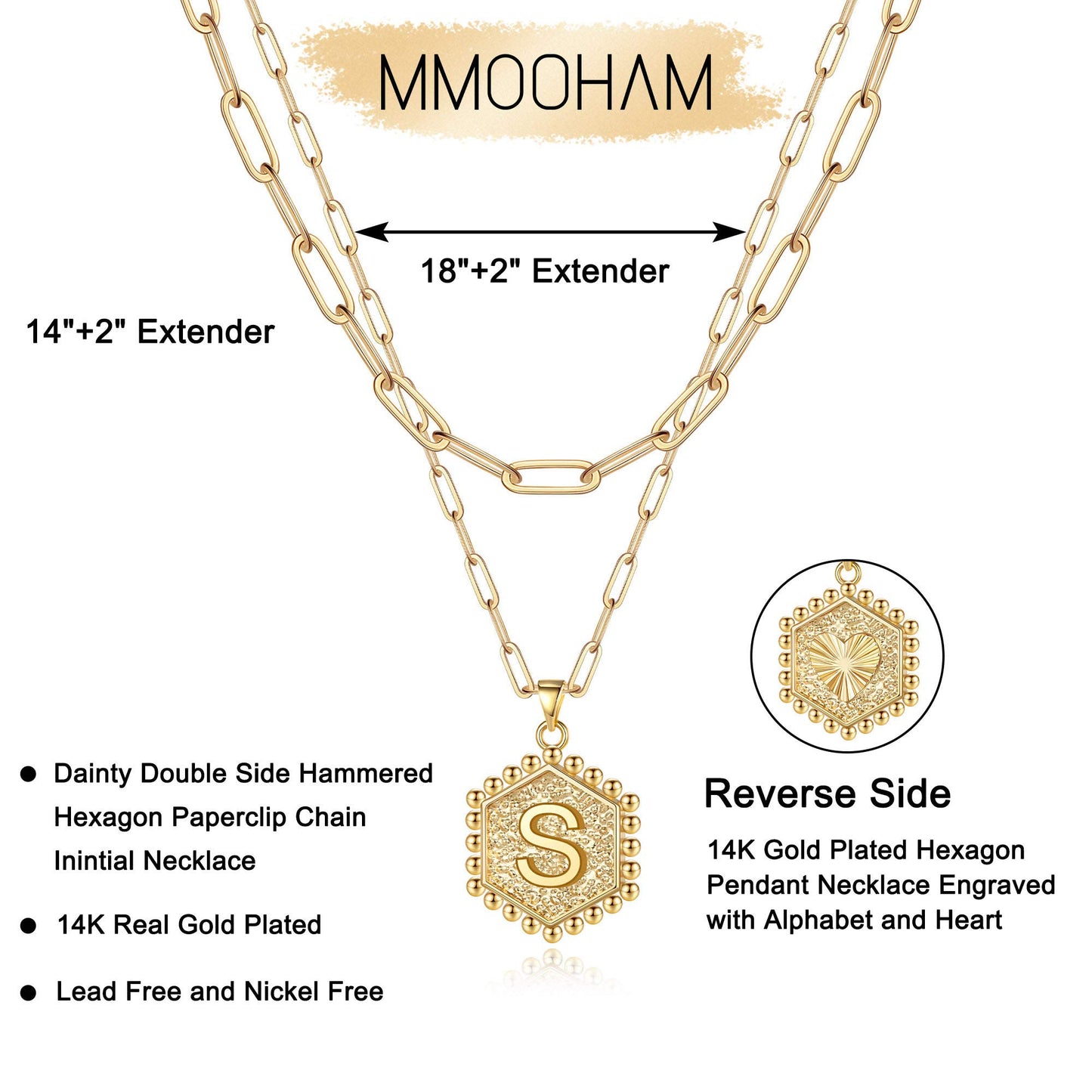 M MOOHAM Dainty Gold Necklace for Women - 14K Solid Gold Over Layering Necklaces for Women Cute Hexagon Letter Initial Necklaces for Women Gold Layered Necklaces for Women Jewelry Gifts