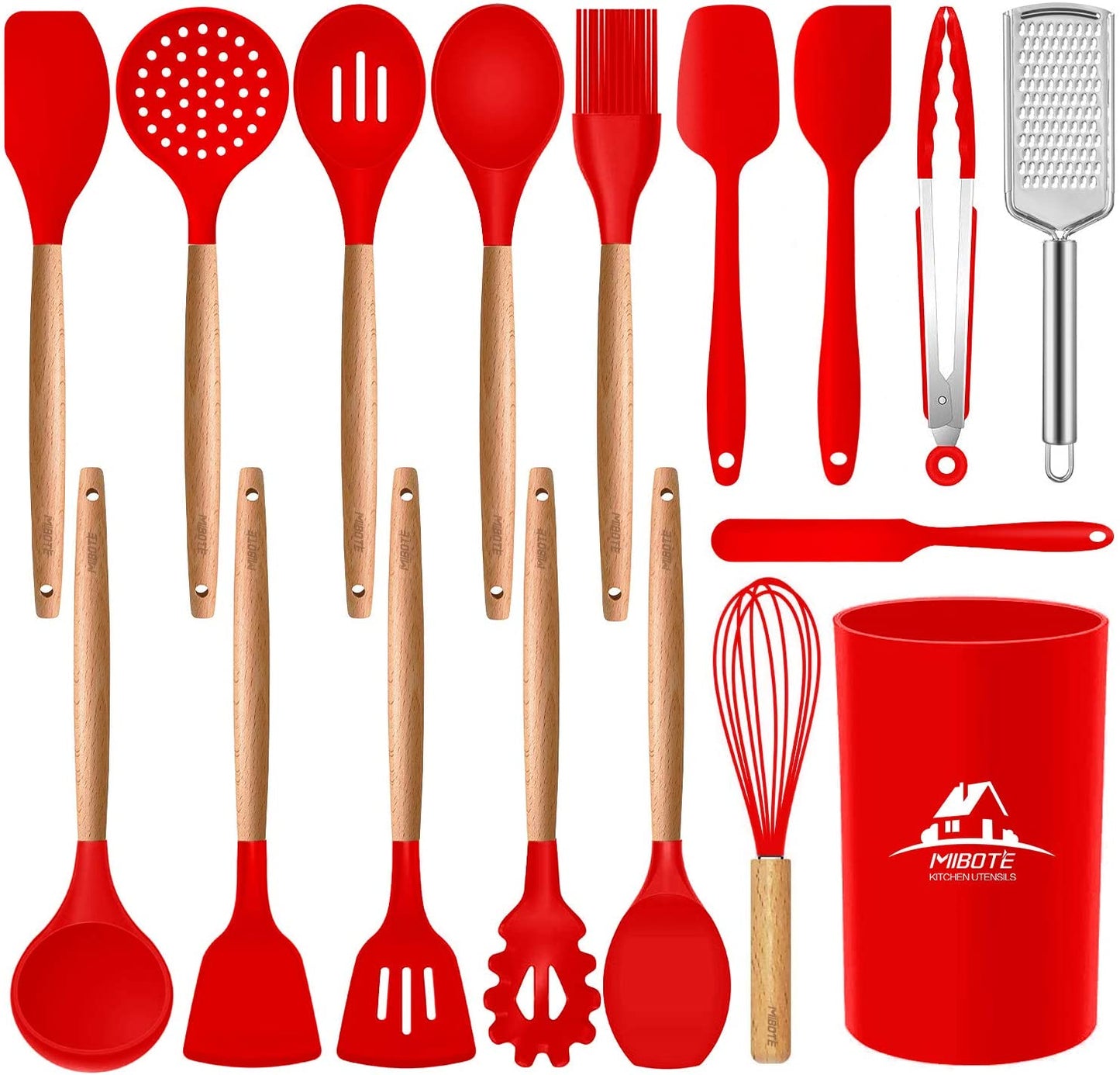 17 Pcs Silicone Cooking Kitchen Utensils Set with Holder, Wooden Handles BPA Free Non Toxic Silicone Turner Tongs Spatula Spoon Kitchen Gadgets Utensil Set for Nonstick Cookware (Khaki)