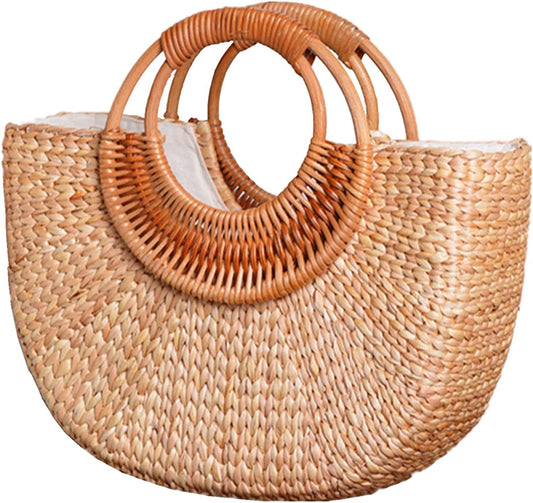 Straw Bag for Women,Summer Beach Straw Handbag Purse,Moon Shape Small Tote Bag