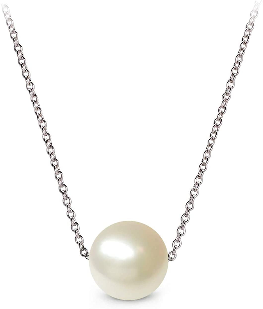 16" Japanese Cream Akoya Cultured Pearl Solitaire Necklace AA+ Quality with Rhodium Plated Sterling Silver Chain
