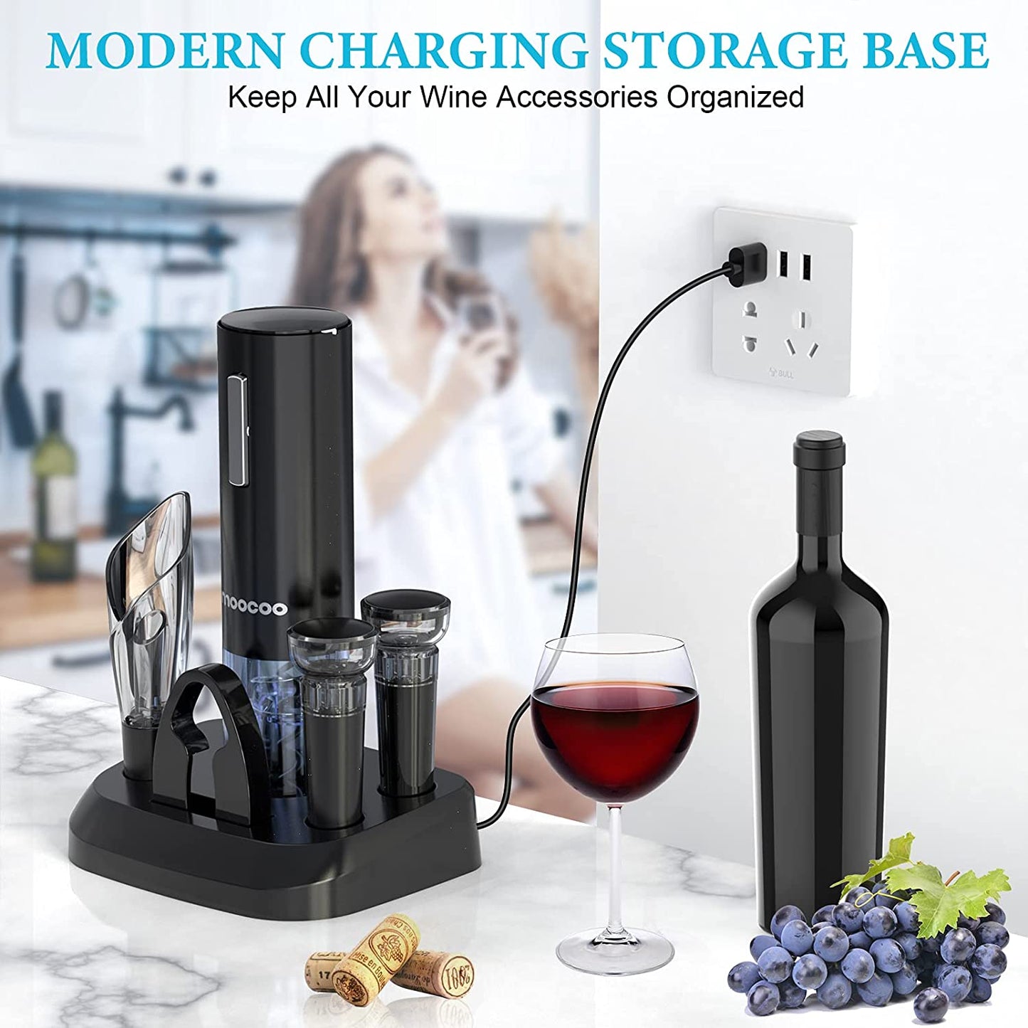 Electric Wine Opener with Charging Base,  Cordless Electric Wine Bottle Opener with 2-In-1 Aerator &Pourer, Foil Cutter, 2 Vacuum Preservation Stoppers, Display Charging Station for Easy Storage