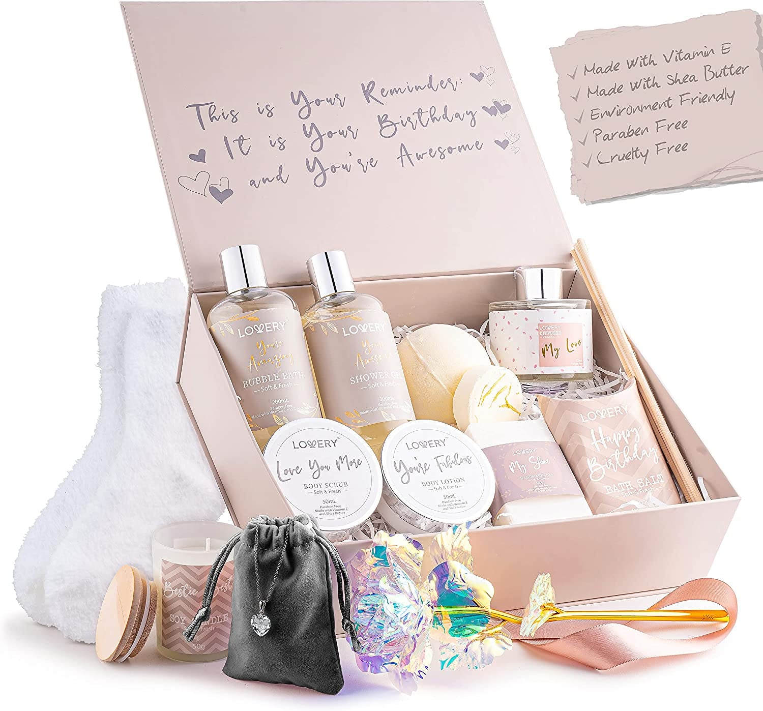 Birthday Gift Basket - Bath and Spa Gift Set for Women - Luxury Birthday Spa Gift Box with Vit E- Rich Bath Essentials, Diffuser, Candle, Sterling Silver CZ Heart Necklace, 24K Flower Rose Gift & More