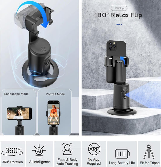 Auto Face Tracking Tripod 360° Rotation - Auto Tracking Phone Holder with Remote, No App, Smart Shooting Phone Holder Moving Tripod for Iphone Content Creator Essentials for Video Live Vlog Stream
