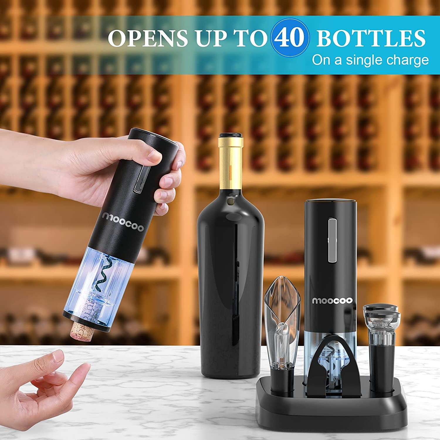 Electric Wine Opener with Charging Base,  Cordless Electric Wine Bottle Opener with 2-In-1 Aerator &Pourer, Foil Cutter, 2 Vacuum Preservation Stoppers, Display Charging Station for Easy Storage