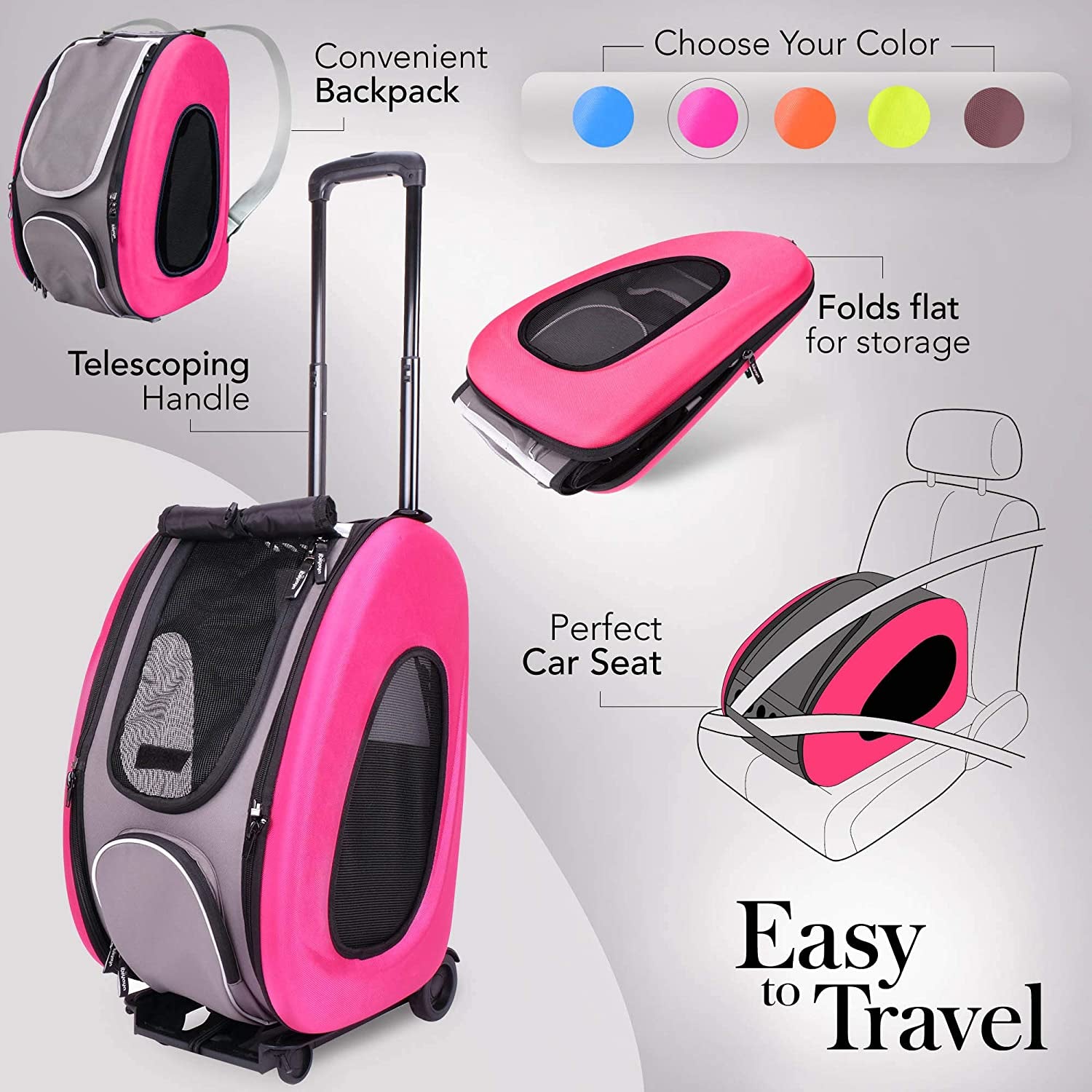 5-In-1 Pet Carrier with Backpack, Pet Carrier Stroller, Shoulder Strap, Carriers with Wheels for Dogs and Cats - Pink