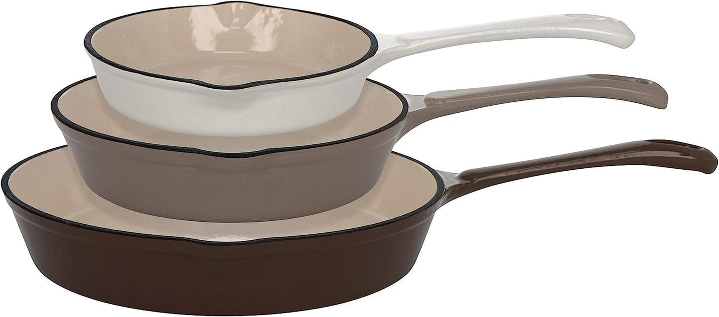 Polished Enamel Coated Cast Iron Skillets Set - 3Pc Nonstick Cookware Enameled Cast Iron Frying Pan Set for Cooking