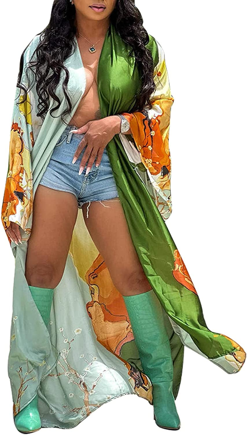 Women'S Floral Print Satin Robe Kimono Cardigan Open Front Long Cover Ups Outerwear One Size