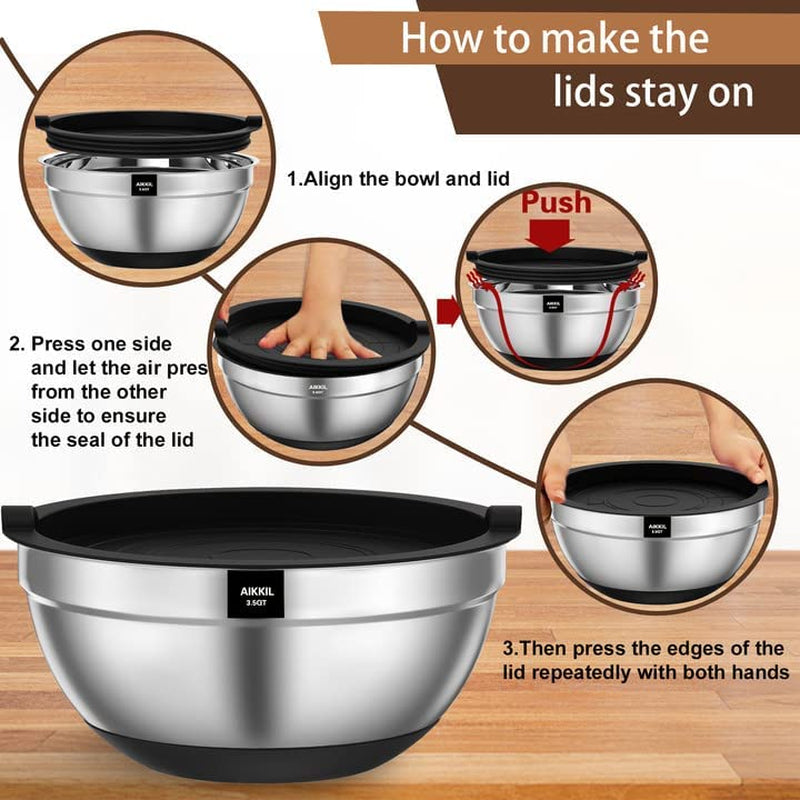 Mixing Bowls with Airtight Lids, 20 Piece Stainless Steel Metal Nesting Bowls, Non-Slip Silicone Bottom, Size 7, 3.5, 2.5, 2.0,1.5, 1,0.67QT Great for Mixing, Baking, Serving (Black)