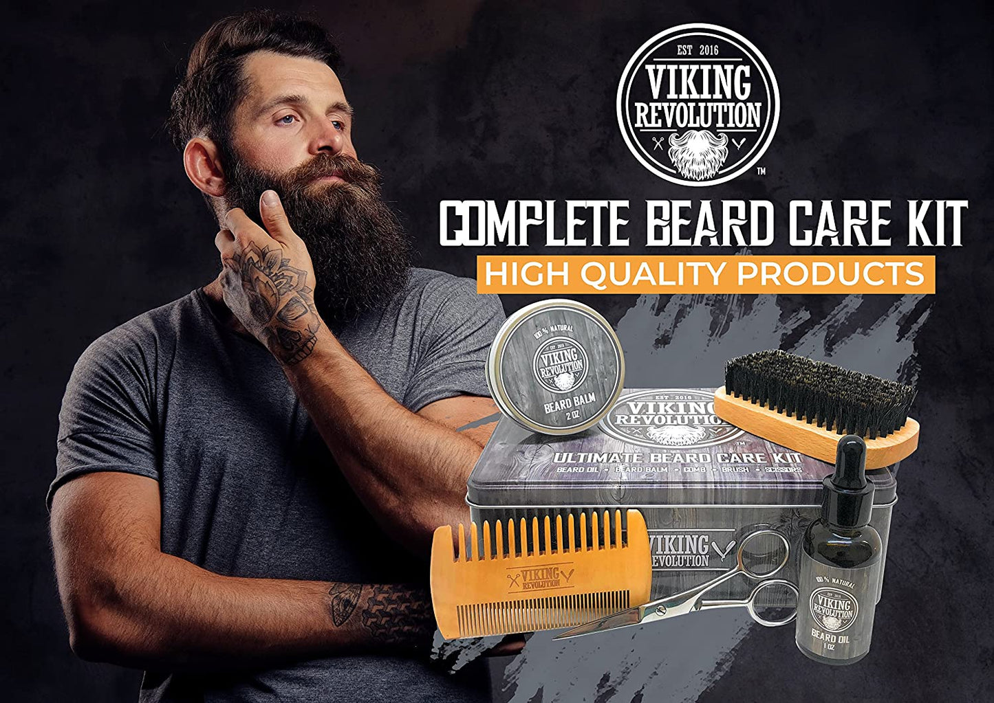 Beard Care Kit for Men - Ultimate Beard Grooming Kit Includes 100% Boar Men’S Beard Brush, Wooden Beard Comb, Beard Balm, Beard Oil, Beard & Mustache Scissors in a Metal Box