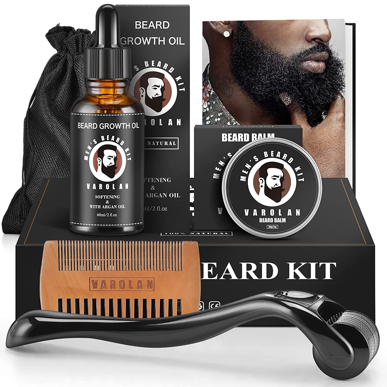 Beard Growth Kit - Beard Derma Roller, Beard Growth Oil (2Oz), Beard Balm, Beard Comb, Beard Ebook, Storage Bag, Beard Kit, Mustache Mens Gifts Set for Boyfriend Husband Fathers Dad Him