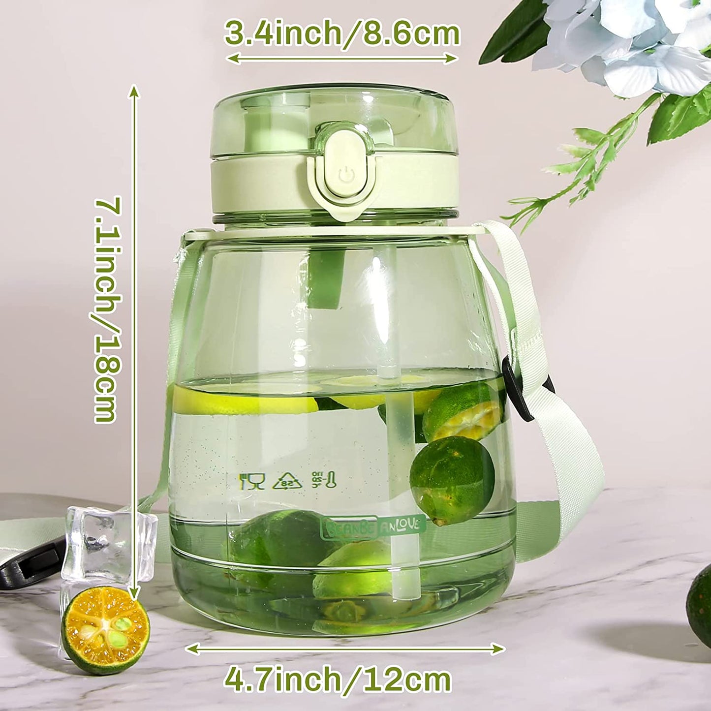 Water Bottle with Straw 45Oz Green Water Jug Aesthetic Big Belly Water Bottles with Straw for Women Kawaii Water Bottles with Strap Unique Kids Water Bottle