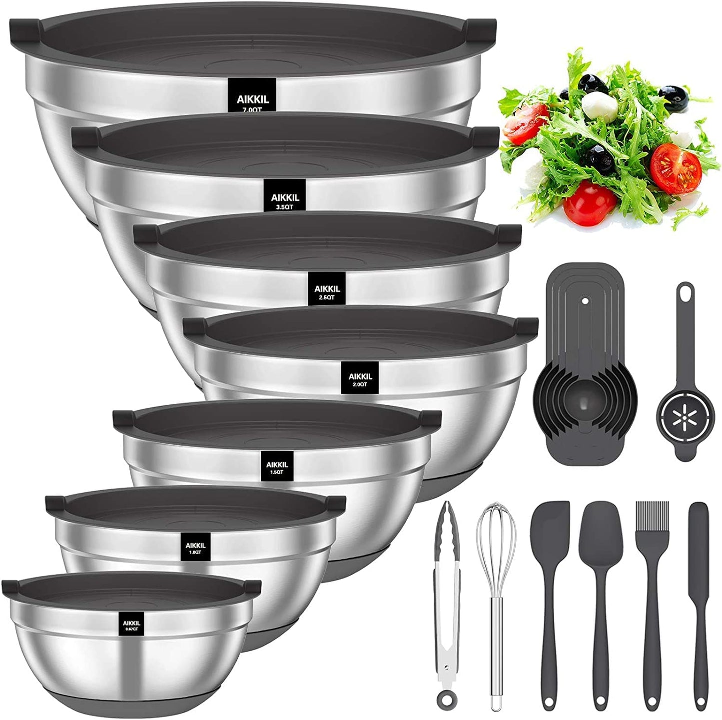 Mixing Bowls with Airtight Lids, 20 Piece Stainless Steel Metal Nesting Bowls, Non-Slip Silicone Bottom, Size 7, 3.5, 2.5, 2.0,1.5, 1,0.67QT Great for Mixing, Baking, Serving (Black)