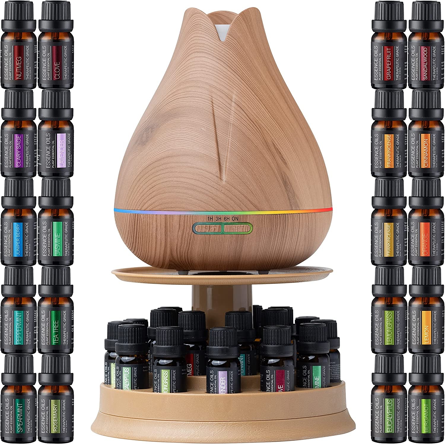 Aromatherapy Essential Oil Diffuser Gift Set - 400Ml Ultrasonic Diffuser with 20 Essential Plant Oils - 4 Timer & 7 Ambient Light Settings - Therapeutic Grade Essential Oils