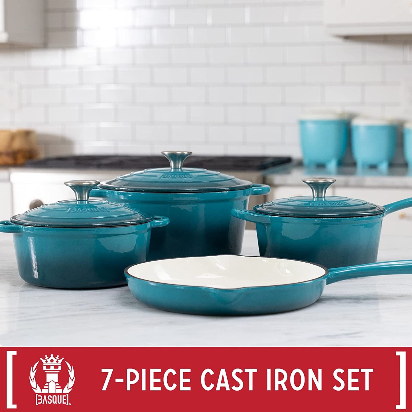 Enameled Cast Iron Cookware Set, 7-Piece Set (Biscay Blue), Nonstick, Oversized Handles, Oven Safe; Skillet, Saucepan, Small Dutch Oven, Large Dutch Oven, 10.25", 2QT, 2.25QT, 4.75QT