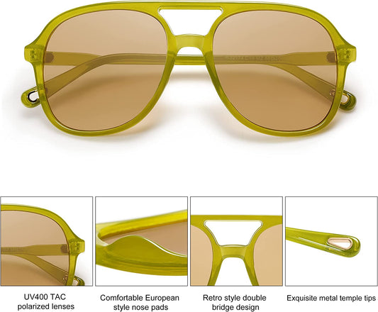 Retro Square Polarized Aviator Sunglasses Womens Mens 70S Vintage Double Bridge Sun Glasses