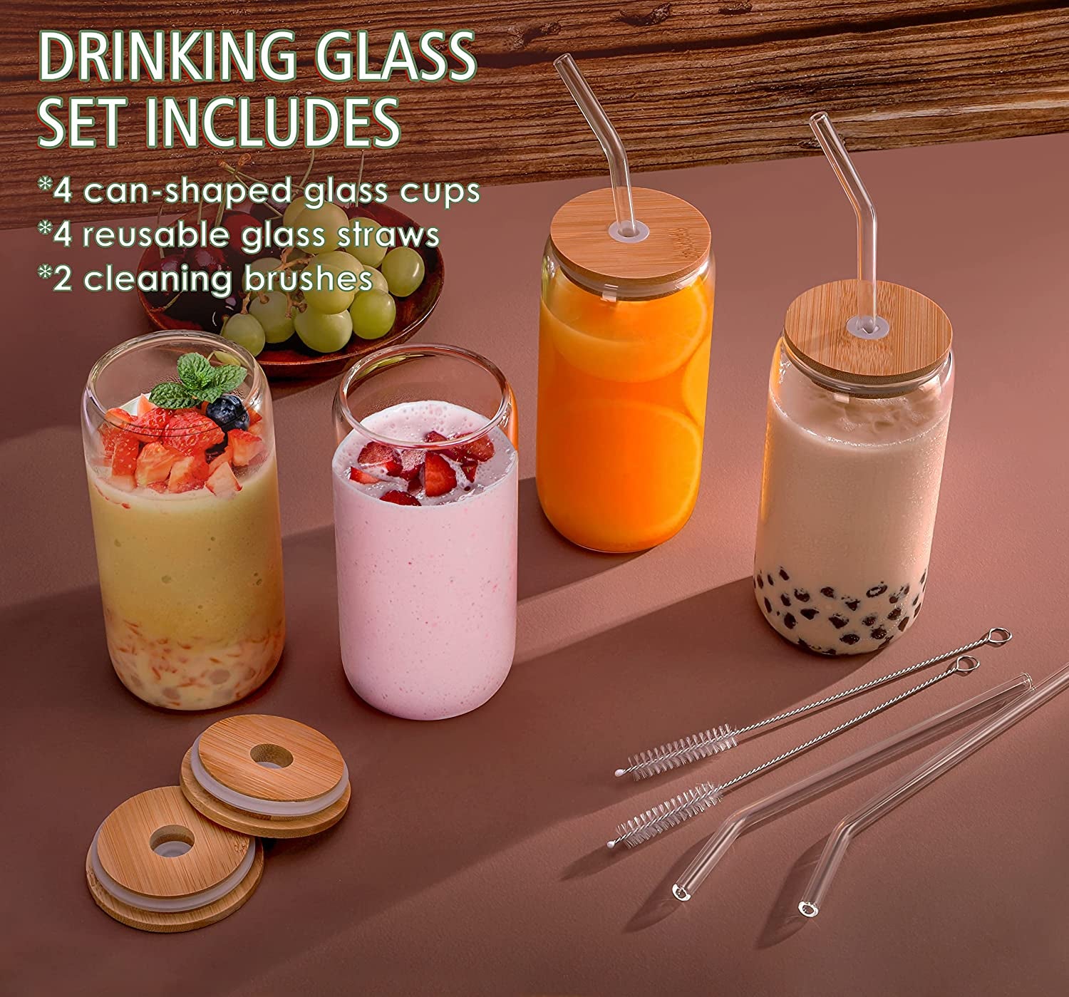 4Pcs Set Drinking Glasses with Bamboo Lid and Glass Straw - 16Oz Can Shaped Drinking Glass Set, Iced Coffee Mug, Cute Tumbler Cup, Whiskey, Cocktail, Water- Gift Best Choice - 2 Cleaning Brushes (4)