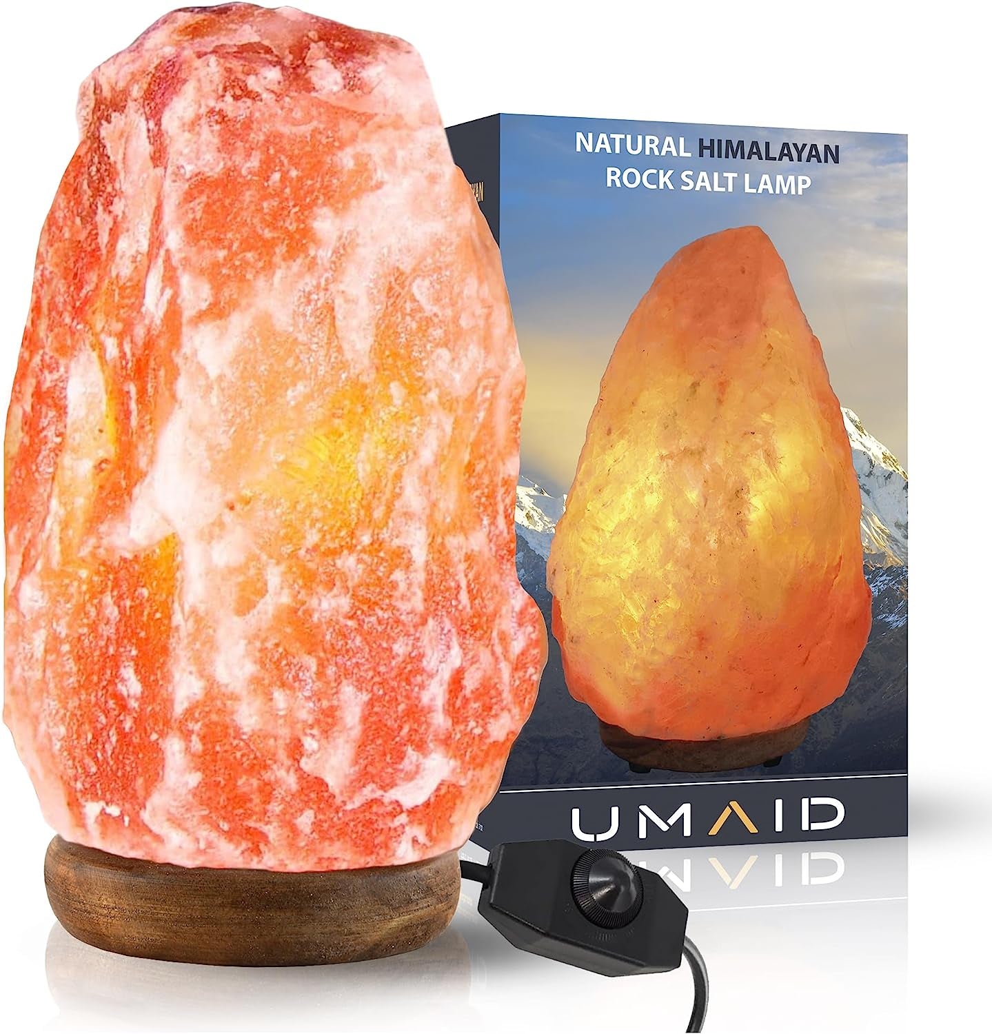Natural Himalayan Salt Lamp Bowl with 6 Heated Salt Massage Balls, Stylish Wood Base, Bulb with Dimmable Switch Ul-Listed Cord
