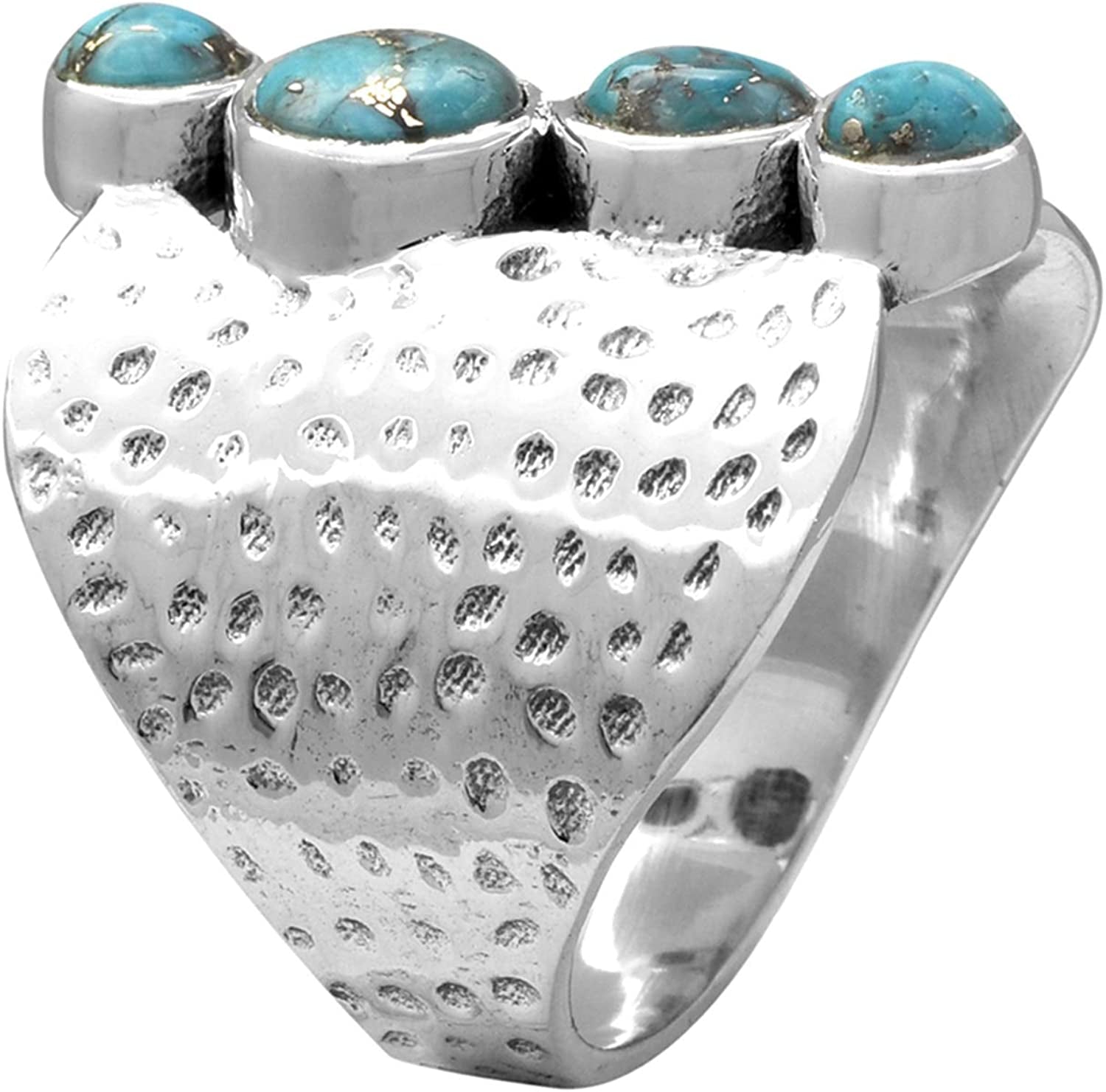 .925 Sterling Silver Blue Copper Turquoise Hammered Wide Band Boho Ring