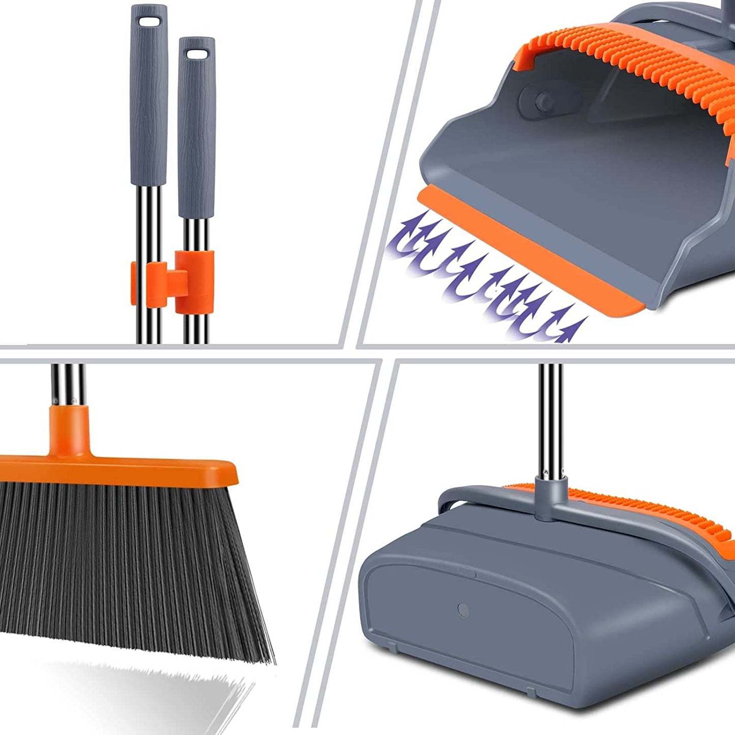 Upgrade Broom and Dustpan Set, Self-Cleaning with Dustpan Teeth, Ideal for Dog Cat Pets Home Use, Super Long Handle Upright Stand up Broom and Dustpan Set (Gray&Orange)