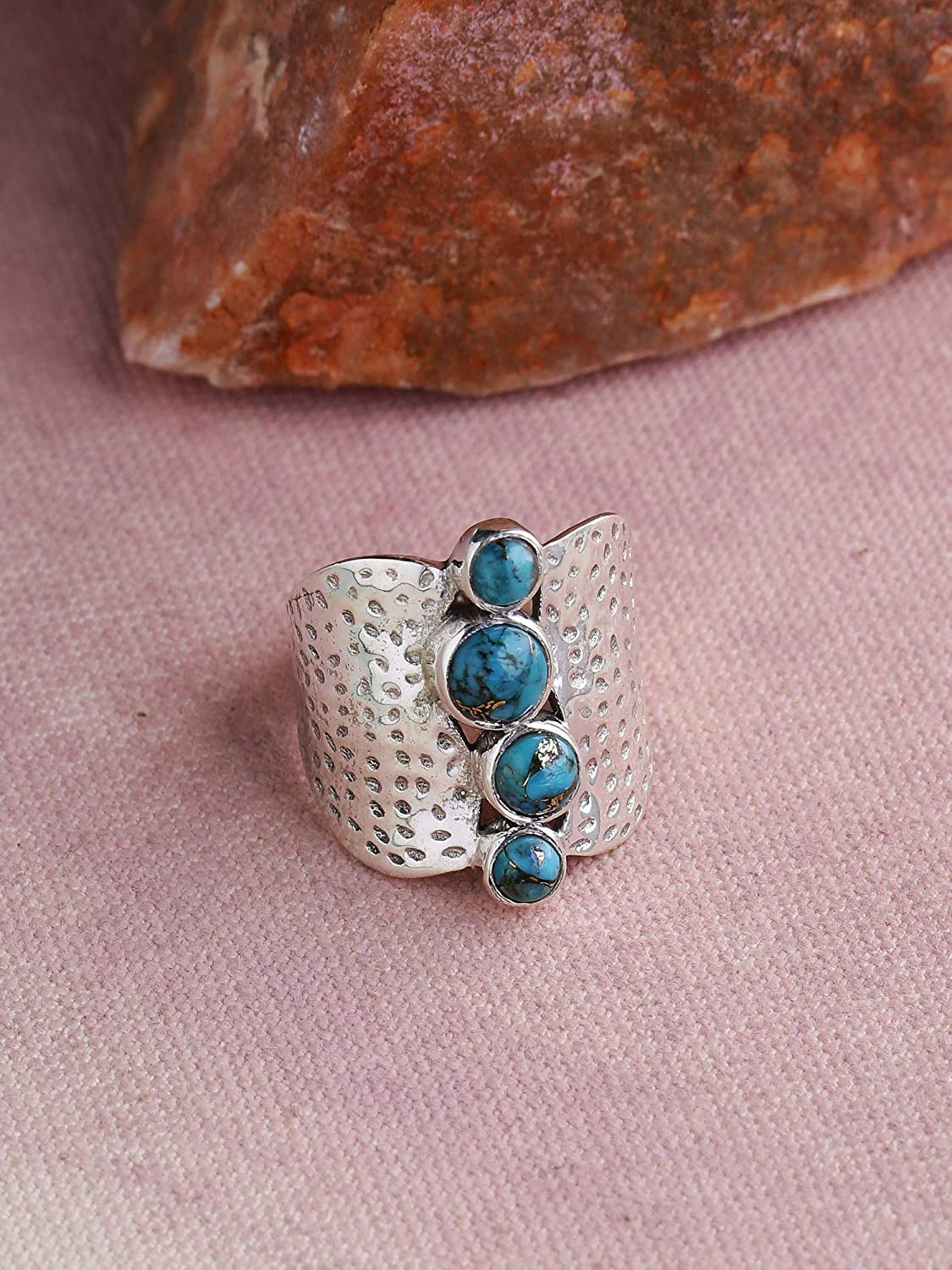 .925 Sterling Silver Blue Copper Turquoise Hammered Wide Band Boho Ring