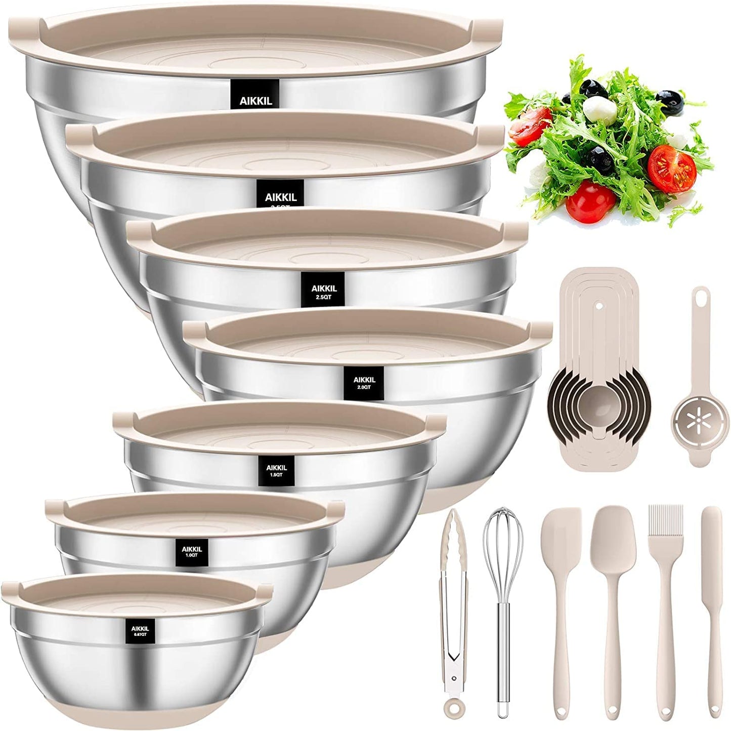 Mixing Bowls with Airtight Lids, 20 Piece Stainless Steel Metal Nesting Bowls, Non-Slip Silicone Bottom, Size 7, 3.5, 2.5, 2.0,1.5, 1,0.67QT Great for Mixing, Baking, Serving (Black)