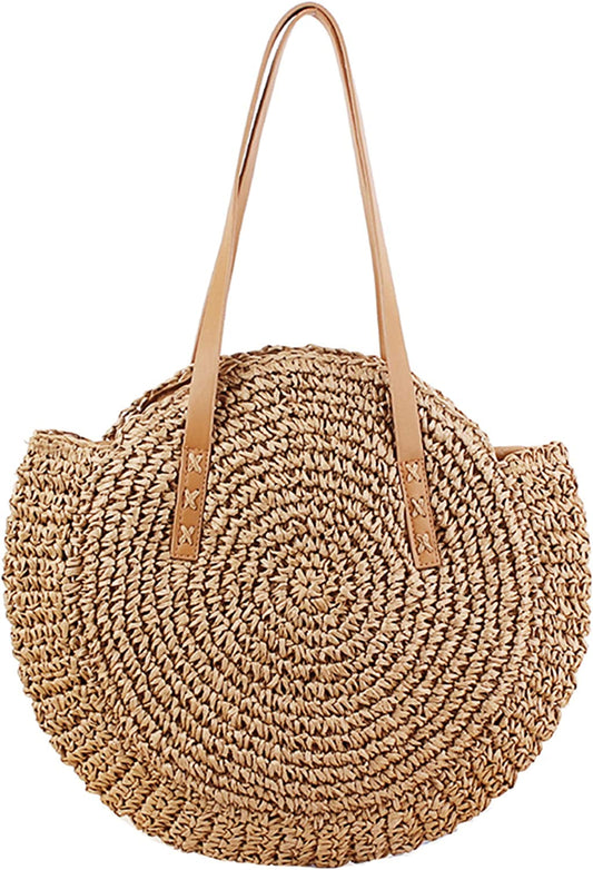 Straw Handbags Women Handwoven round Corn Straw Bags Natural Chic Hand Large Summer Beach Tote Woven Handle Shoulder Bag