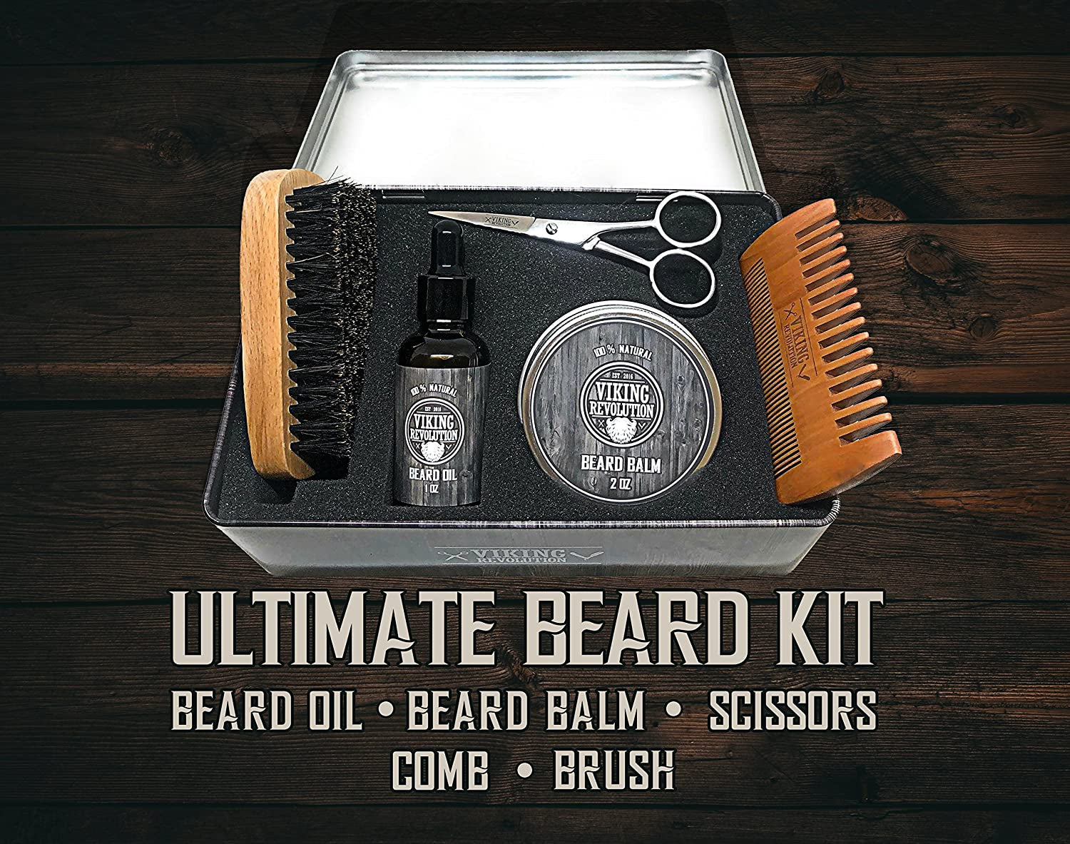 Beard Care Kit for Men - Ultimate Beard Grooming Kit Includes 100% Boar Men’S Beard Brush, Wooden Beard Comb, Beard Balm, Beard Oil, Beard & Mustache Scissors in a Metal Box