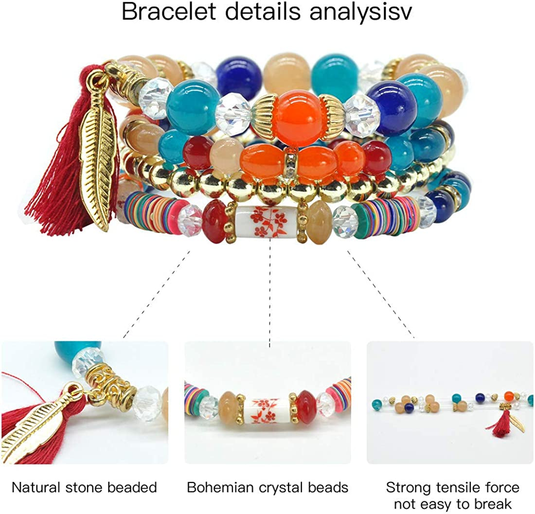 Bohemian Bracelet Sets for Women - 6 Sets Stackable Stretch Bracelets Multi-Color Boho Jewelry for Women Hippie Bracelets Dainty Jewelry Best Friend Gift