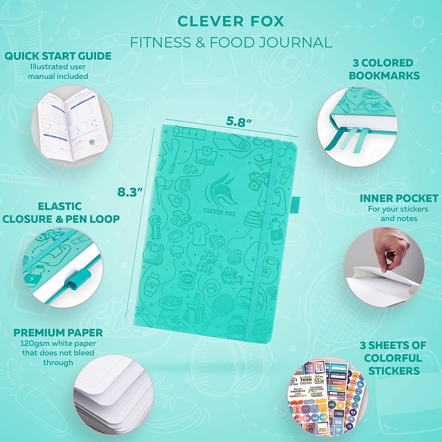 Clever Fox Fitness & Food Journal – Nutrition & Workout Planner for Women & Men – Diet & Gym Exercise Log Book with Calendars, Diet & Training Trackers - Undated, A5 Size, Hardcover (Turquoise)