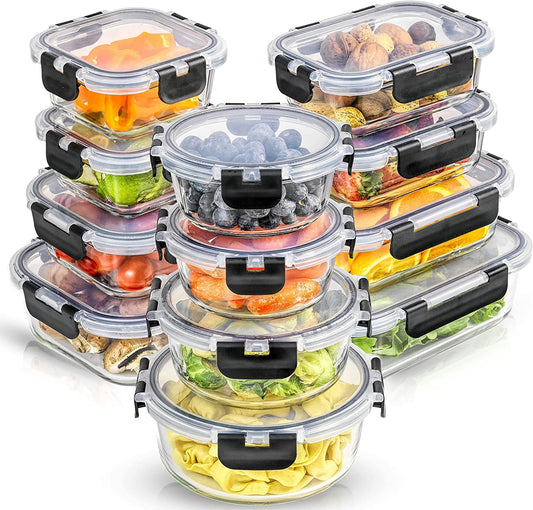 Joyful by  24Pc Borosilicate Glass Storage Containers with Lids. 12 Airtight, Freezer Safe Food Storage Containers, Pantry Kitchen Storage Containers, Glass Meal Prep Container for Lunch