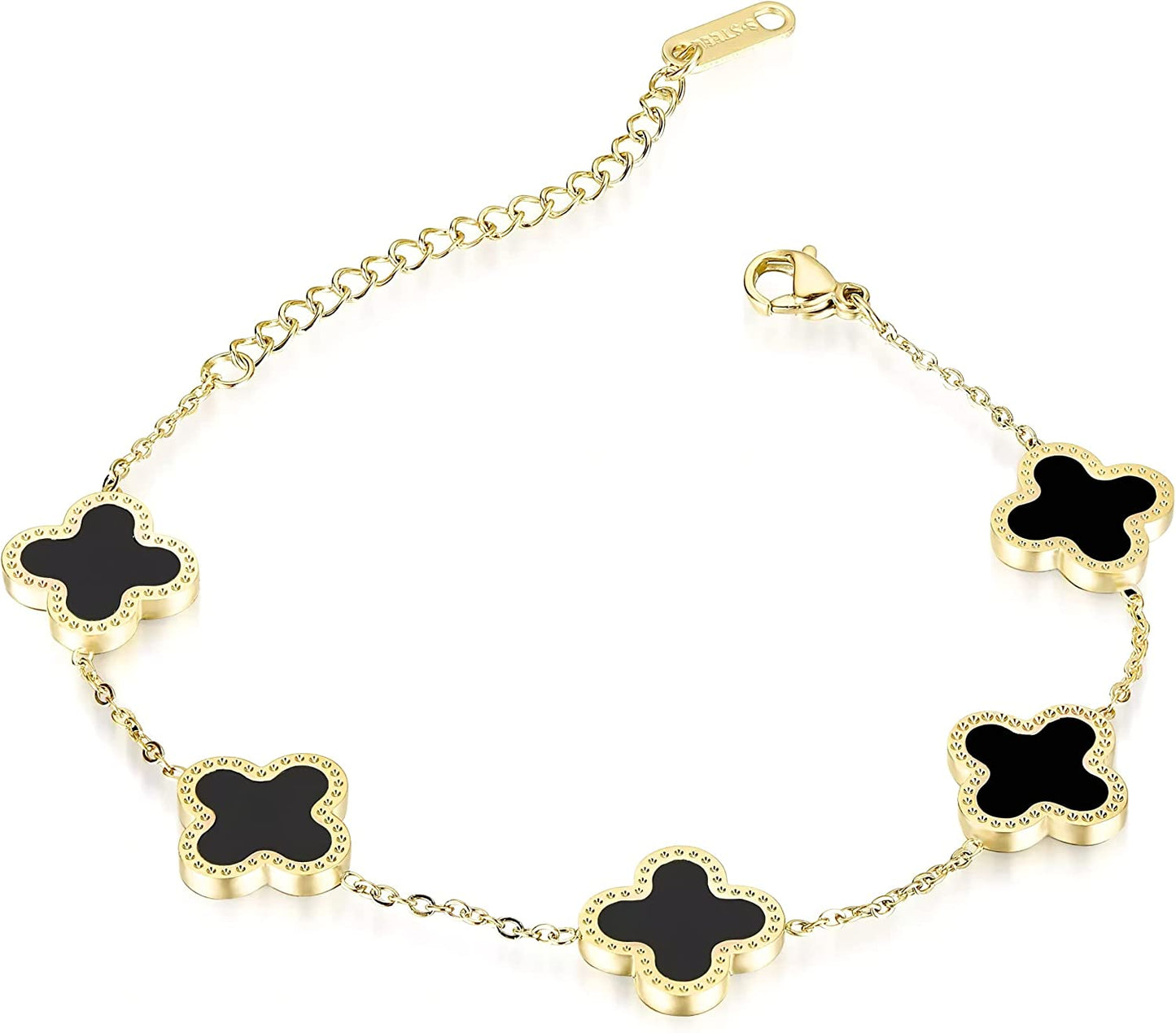 Four Leaf Clover Bracelet for Women 18K Gold Plated Stainless Steel Lucky 4 Leaf Link Bracelet Wrist Jewelry for Mother and Daughter (Black Gold)