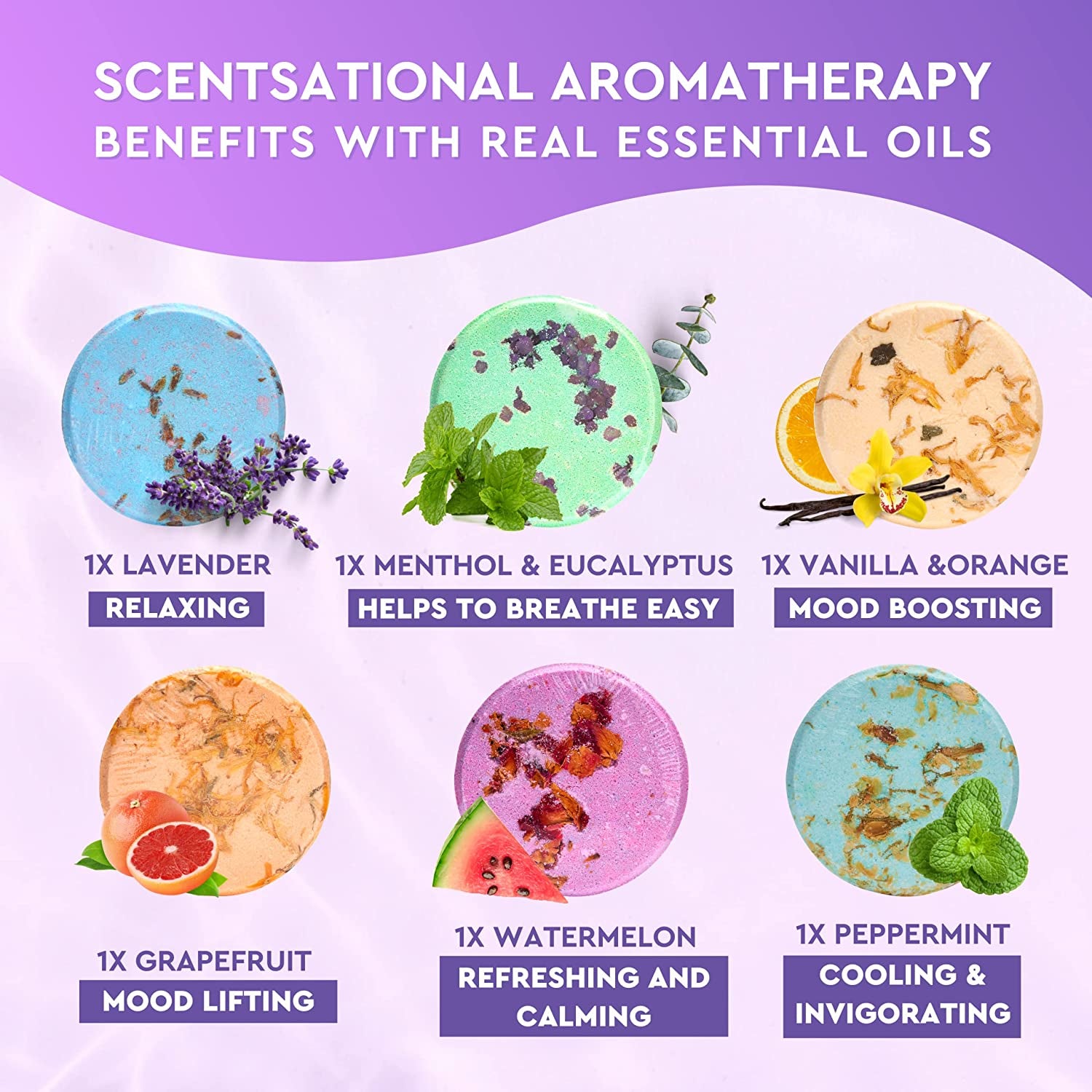 Shower Steamers Aromatherapy - Variety Pack of 6 Shower Bombs with Essential Oils. Self Care and Relaxation College Graduation Gifts for Her. Purple Set
