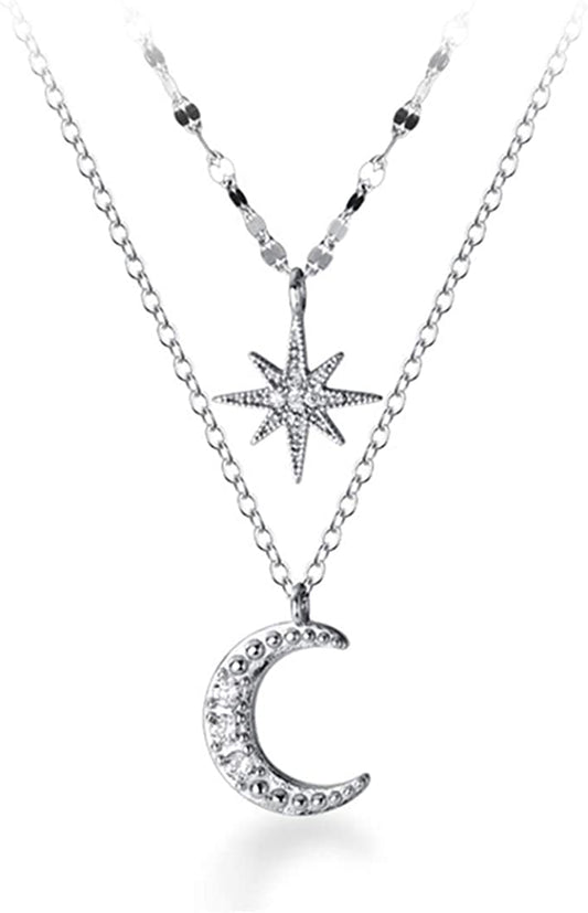 925 Sterling Silver Layered Necklace Chain Star Moon Choker Necklace for Women Teen Girls Layering Chain Choker