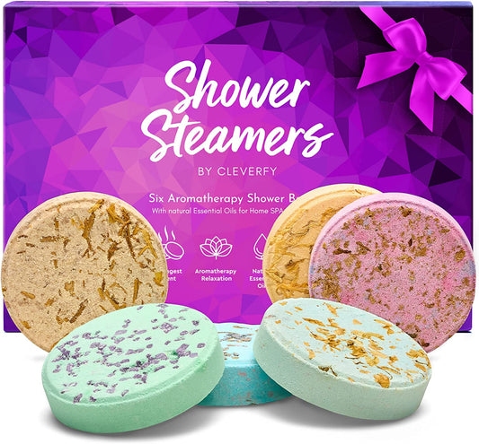 Shower Steamers Aromatherapy - Variety Pack of 6 Shower Bombs with Essential Oils. Self Care and Relaxation College Graduation Gifts for Her. Purple Set