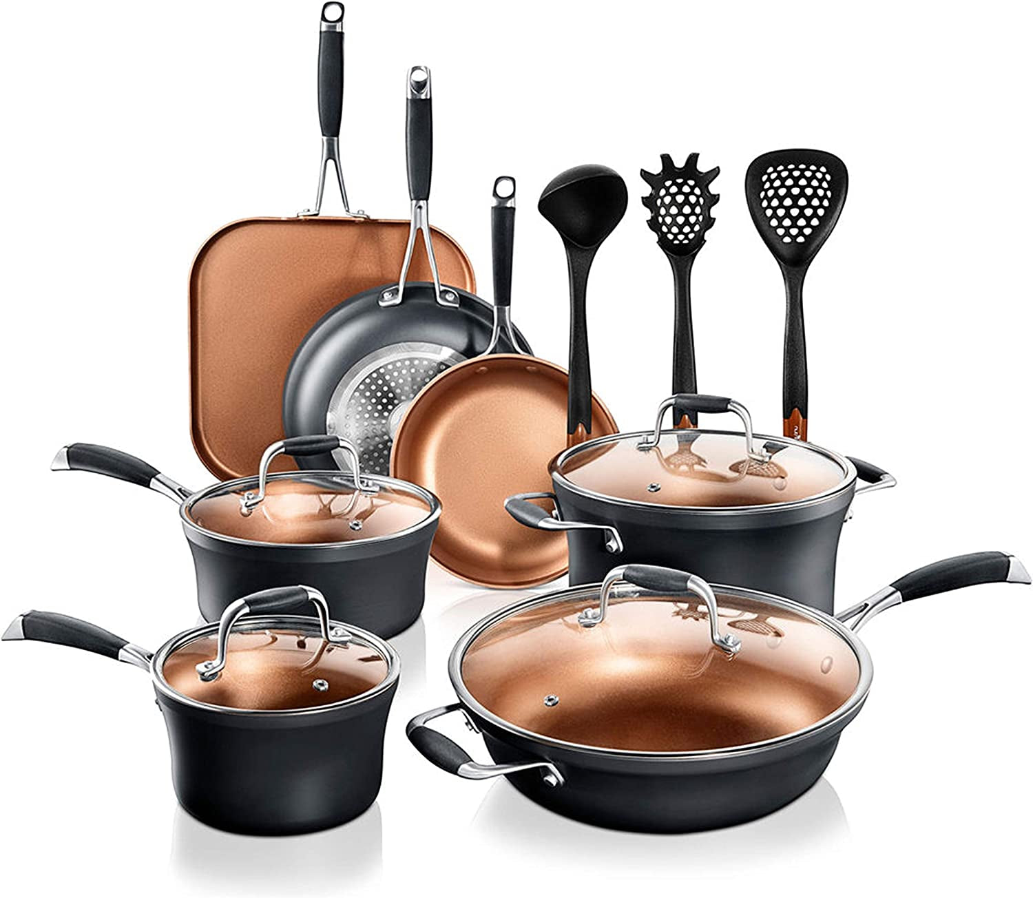 Stackable Pots and Pans Set – 14-Pcs Luxurious Stackable Cookware Set – Sauce Pans Nonstick Set with Lids– Healthy Food-Grade Copper Non-Stick Ceramic Coating - PTFE, PFOA, and PFOS Free