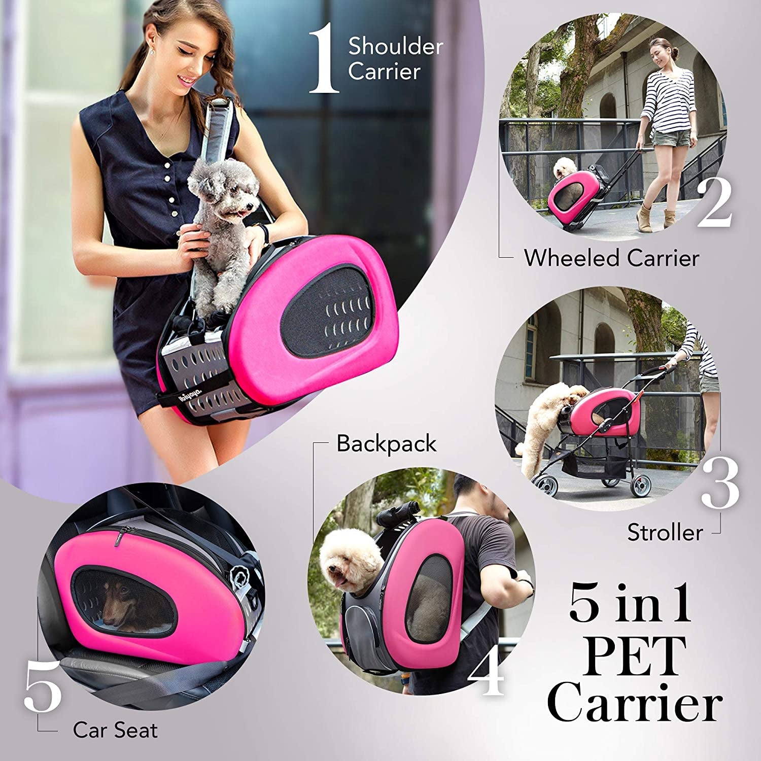 5-In-1 Pet Carrier with Backpack, Pet Carrier Stroller, Shoulder Strap, Carriers with Wheels for Dogs and Cats - Pink