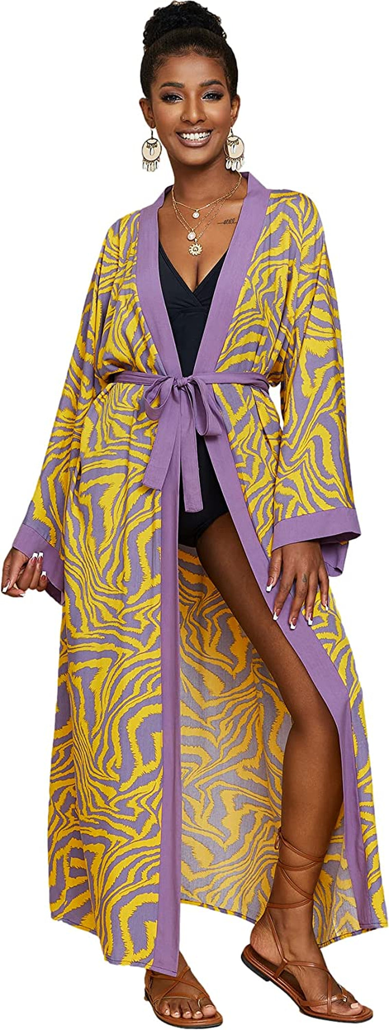 Swimsuit Coverup Kimonos for Women Bird Geometry Print 3/4 Sleeve Kimono Robe Loose Open Front Kimono Duster