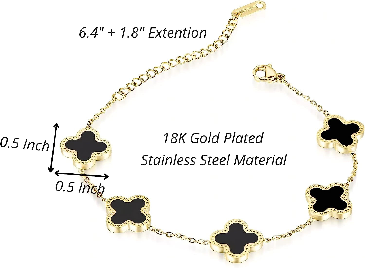 Four Leaf Clover Bracelet for Women 18K Gold Plated Stainless Steel Lucky 4 Leaf Link Bracelet Wrist Jewelry for Mother and Daughter (Black Gold)