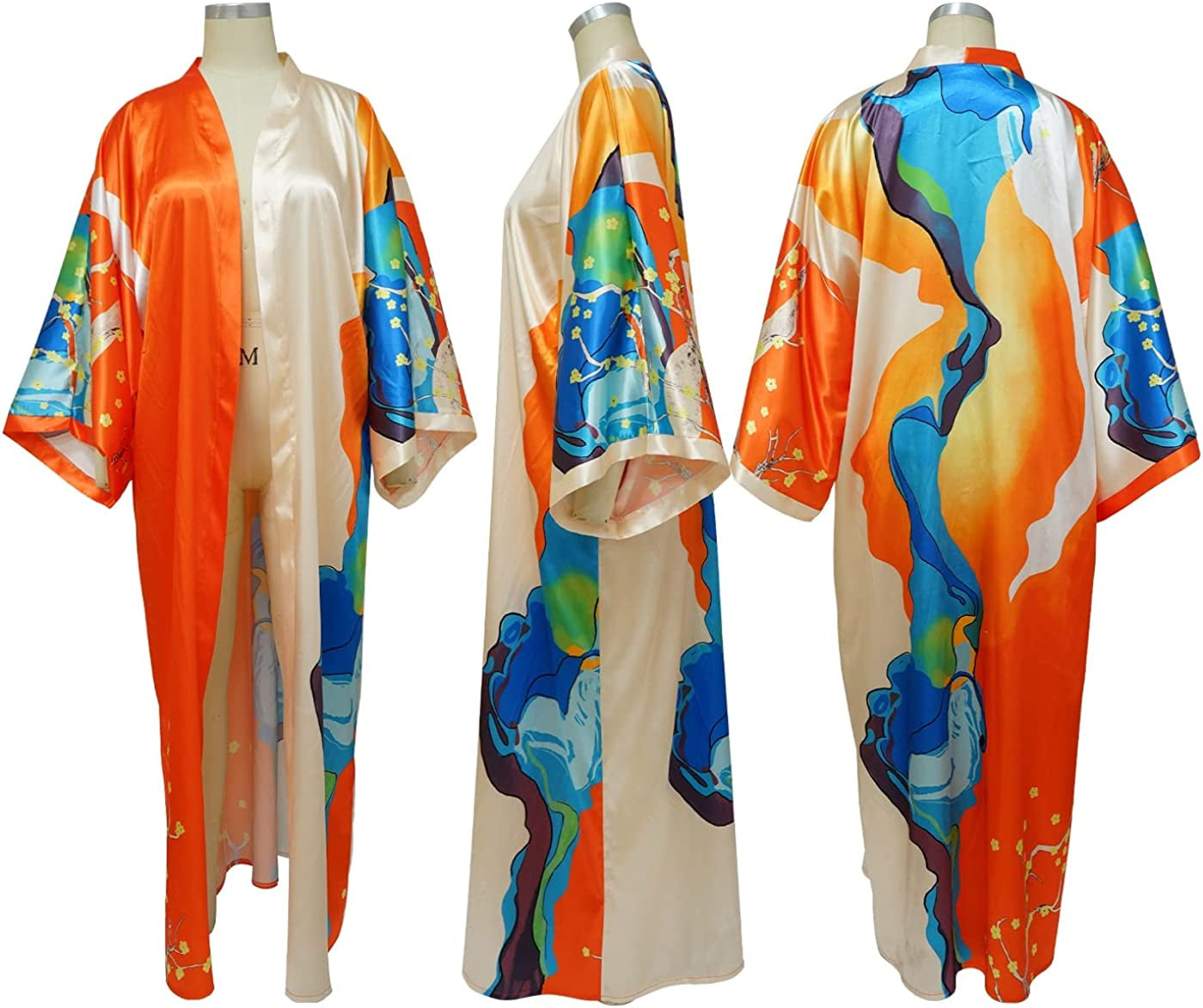 Women'S Floral Print Kimono Cardigan Boho One Size Long Open Front Cover Ups Dress Flowy Loose Satin Outerwear