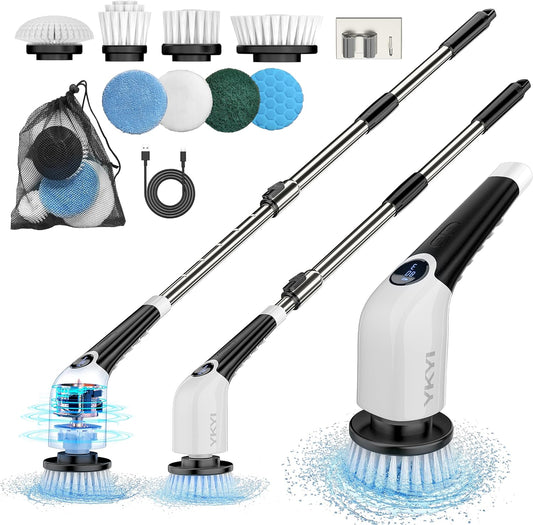 Electric Spin Scrubber,Cordless Cleaning Brush,Shower Cleaning Brush with 8 Replaceable Brush Heads, Power Scrubber 3 Adjustable Speeds,Adjustable & Detachable Long Handle,Voice Broadcast