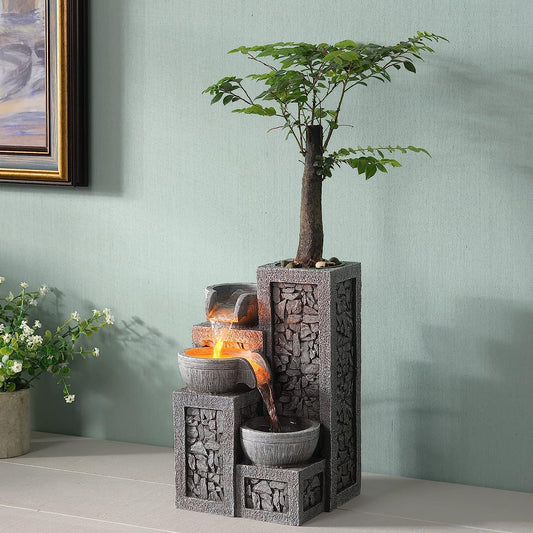 Kalona Relaxation Indoor Fountain Exquisite 3-Bowl Fountains Soothing Sound Tabletop Fountains Home/Office Decor with a Small Plastic Pot to Grow the Plant by Yourself(Automatic Watering)(22024)