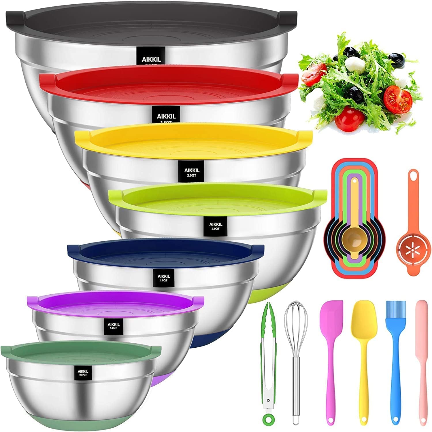 Mixing Bowls with Airtight Lids, 20 Piece Stainless Steel Metal Nesting Bowls, Non-Slip Silicone Bottom, Size 7, 3.5, 2.5, 2.0,1.5, 1,0.67QT Great for Mixing, Baking, Serving (Black)