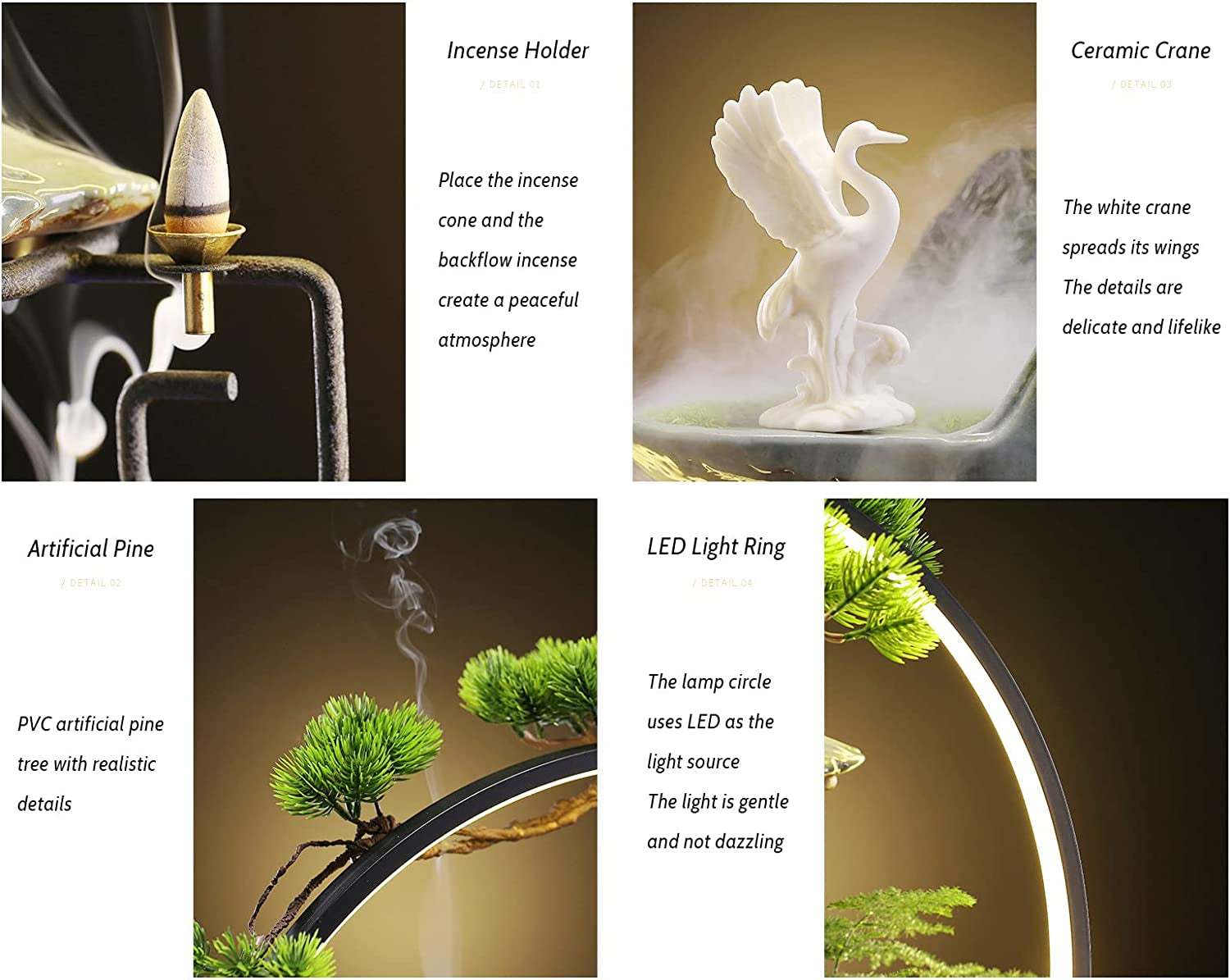 Tabletop Water Fountain, Indoor Waterfall with round LED Light Ceramic Crane Mist Maker and Incense Holder for Home Office Decor