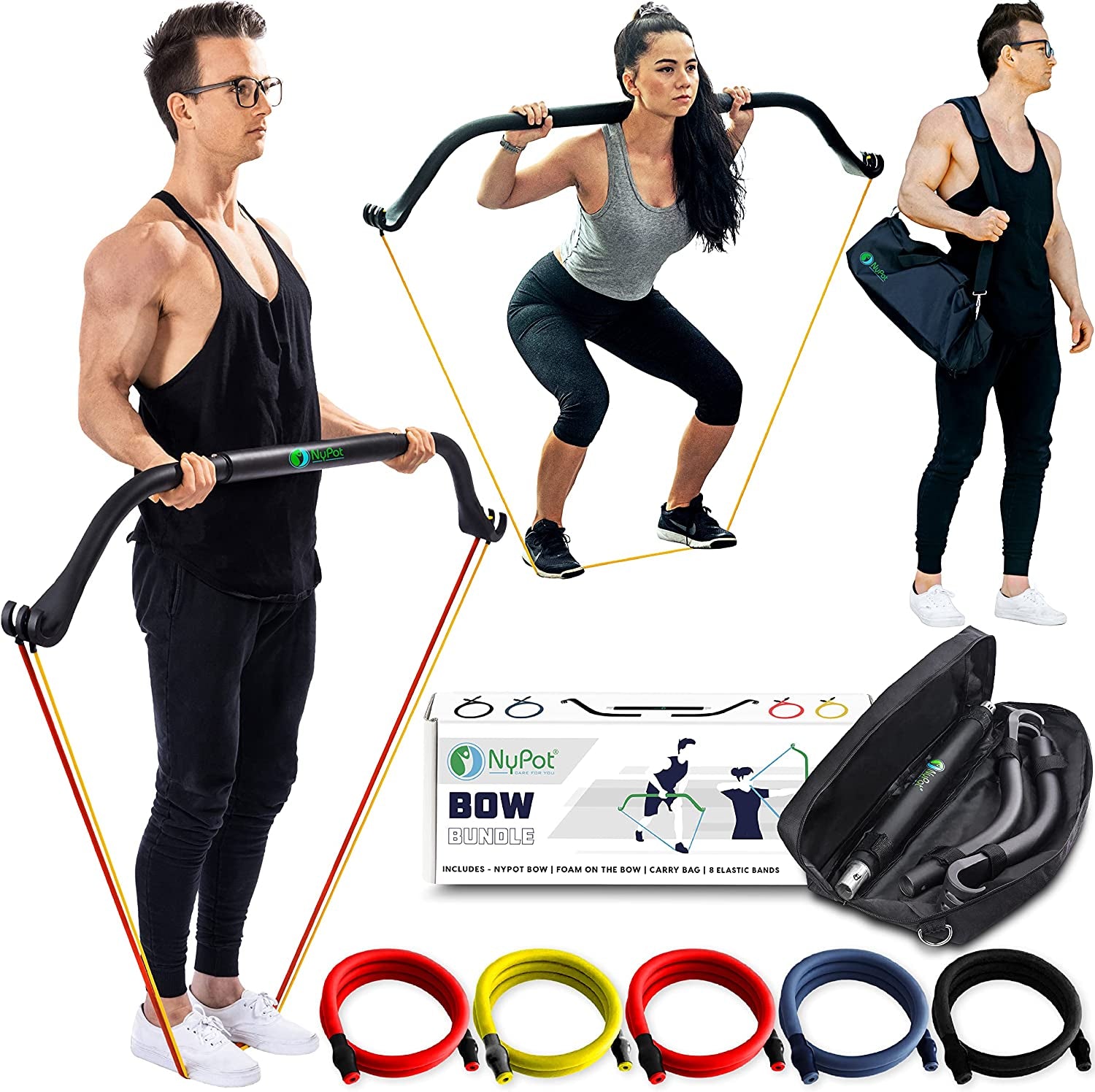 Premium Bow Portable Gym - at Home Workout Equipment Men and Women - Full Body Compact Home Gym & Home Workout Kit - Squat Resistance Bands with Bar - Travel Gym Work from Home Fitness Equipment