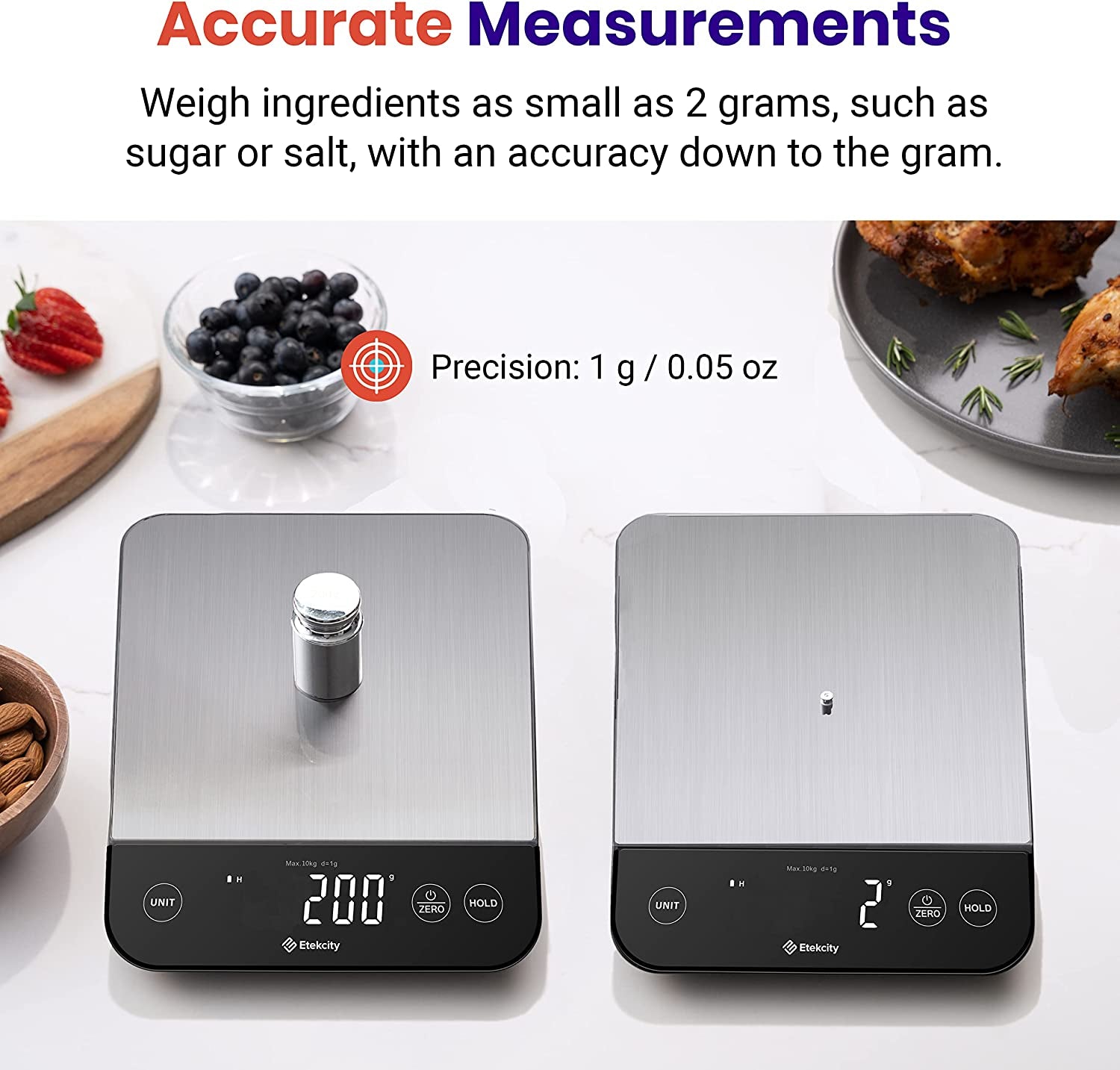 Food Kitchen Scale 22Lb, Digital Weight Grams and Oz for Weight Loss, Baking and Cooking, 0.05Oz/1G Precise Graduation,5 Weight Units, IPX6 Waterproof, USB Rechargeable,304 Stainless Steel