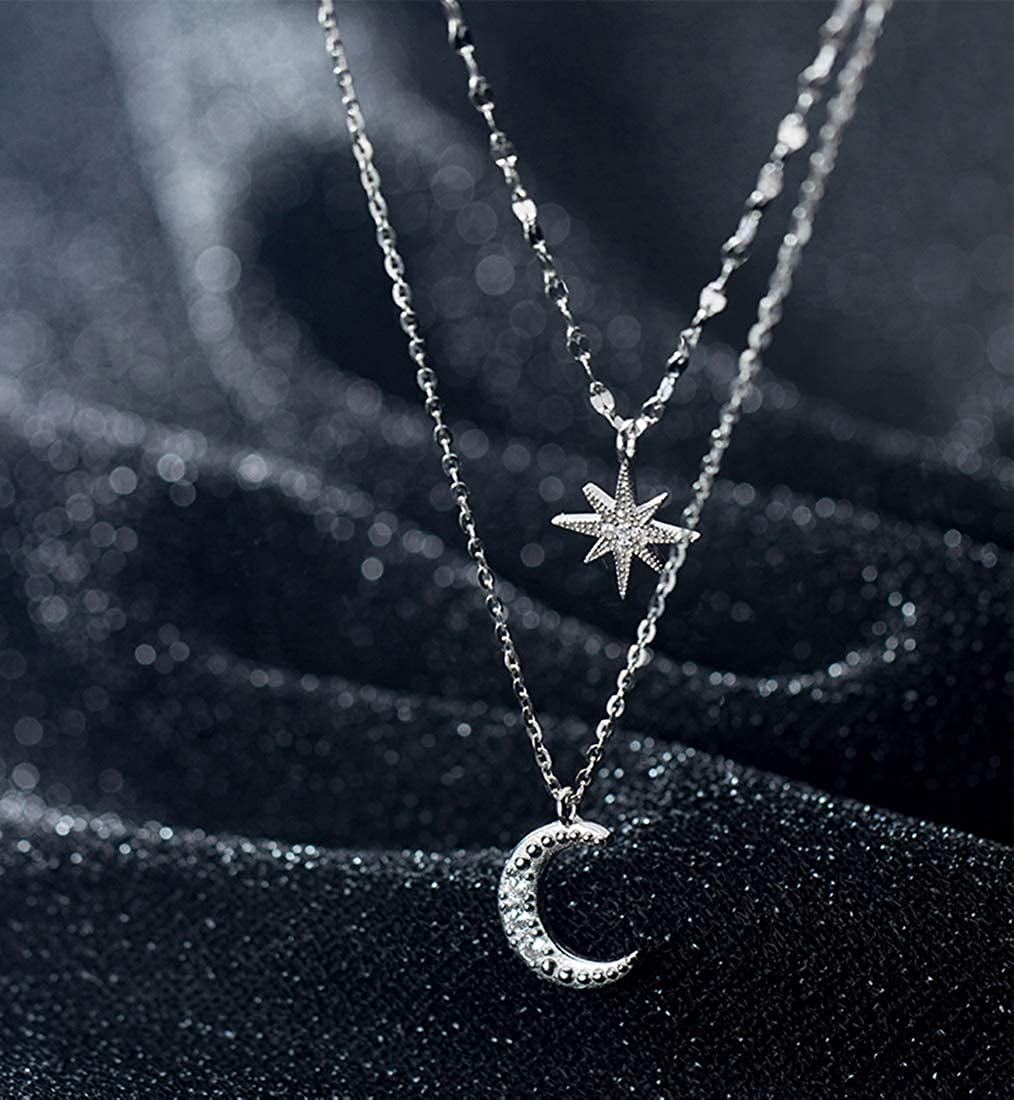 925 Sterling Silver Layered Necklace Chain Star Moon Choker Necklace for Women Teen Girls Layering Chain Choker
