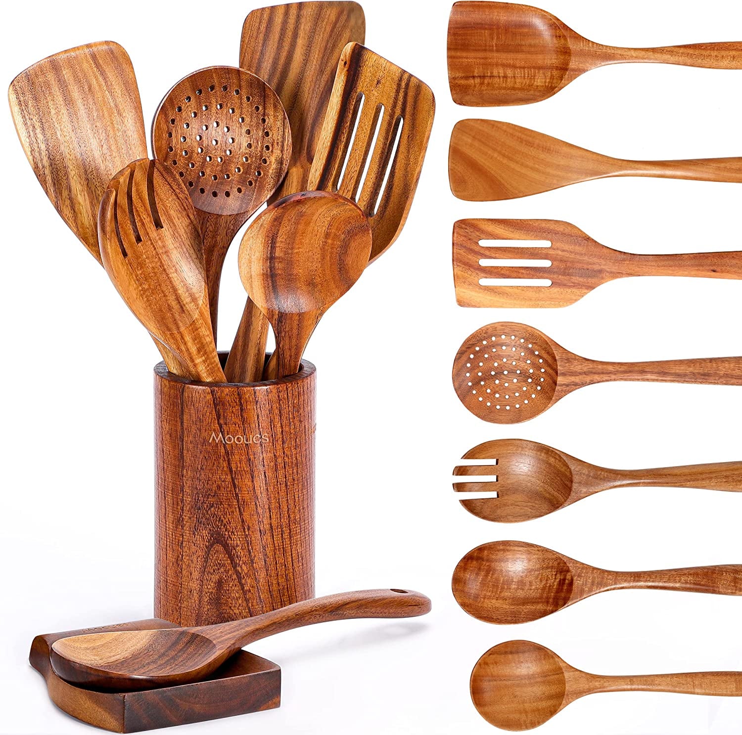 9 PCS Wooden Spoons for Cooking, Wooden Utensils for Cooking with Utensils Holder, Natural Teak Wooden Kitchen Utensils Set with Spoon Rest, Comfort Grip Cooking Utensils Set for Kitchen