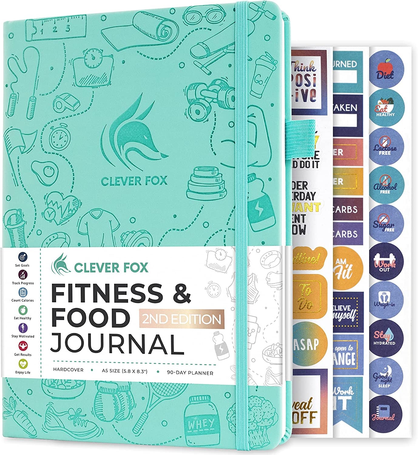 Clever Fox Fitness & Food Journal – Nutrition & Workout Planner for Women & Men – Diet & Gym Exercise Log Book with Calendars, Diet & Training Trackers - Undated, A5 Size, Hardcover (Turquoise)