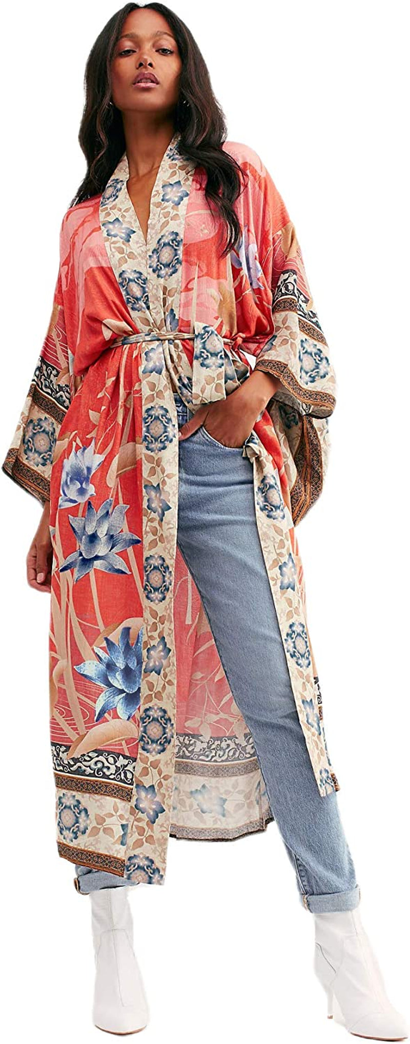 Swimsuit Coverup Kimonos for Women Bird Geometry Print 3/4 Sleeve Kimono Robe Loose Open Front Kimono Duster